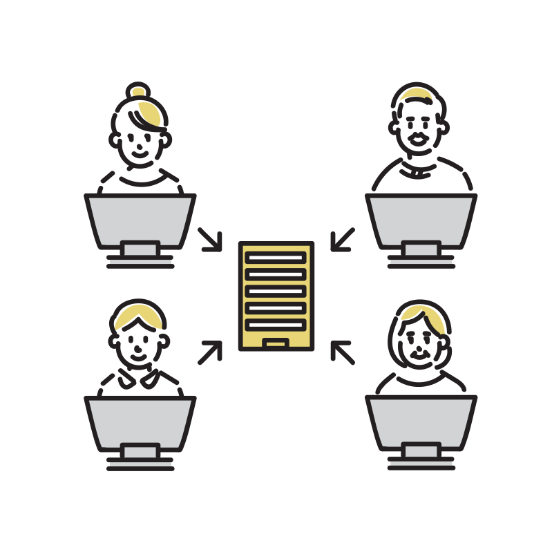 離れた場所からパソコンでつながる4人の仲間のイラスト